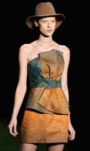 A model presents a creation by designer Maria Bonita Extra during the Rio Fashion Week Autumn-Winter