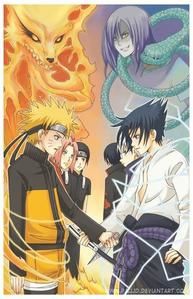 http://666-scantrad.over-blog.net/ Voici Naruto et Sasuke rivaux et prêt a se battre avec chacun leurs coéquipiers prêts à les aiders Orochimaru , Itachi ainsi que Kyubi et sakura sont présents.