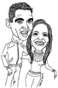 Christian y Raphaela caricatura blanco y negro