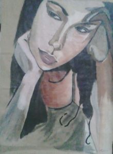 Portrait de femme : Inspiration Lamazou - tableau acylique sur papier F. Claire - Claire Frelon artiste peintre professionnel en Morbihan - Bretagne - France - galerie de peinture