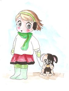 fillette & son chien -lavis-