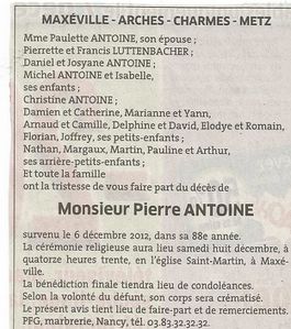 Avis décès Pierre Antoine