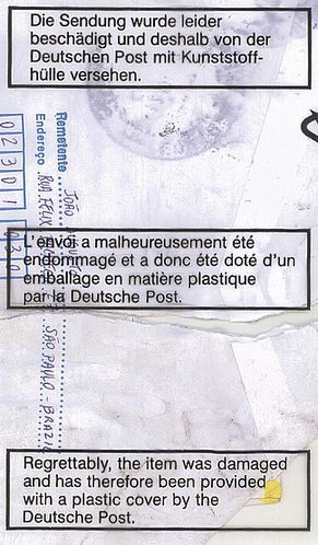 Die Sendung wurde leider beschädigt und deshalb von der Deutschen Post mit Kunststhoffhülle versehen