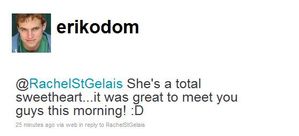 Erik Odom tweeting abt working with Rachel Saint Gelais