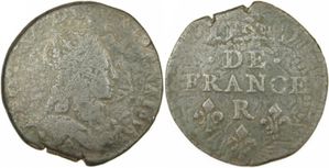 Liard Louis XIV 1656 R - Refrappe sur sizain de Ba-copie-1