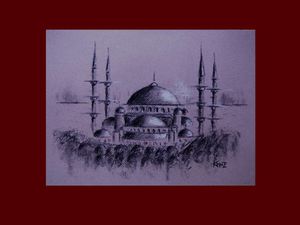 mosquée bleue fusain fond rouge