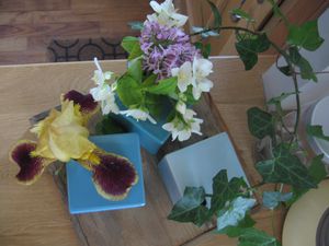 Trois soliflores en forme de cube, lierre, iris, lilas et seringat