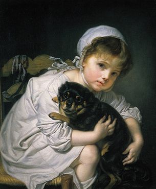 Jean-Baptiste Greuze Une jeune enfant qui joue avec un chie