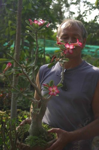 230 Yannick derrière des fleurs de baobab.