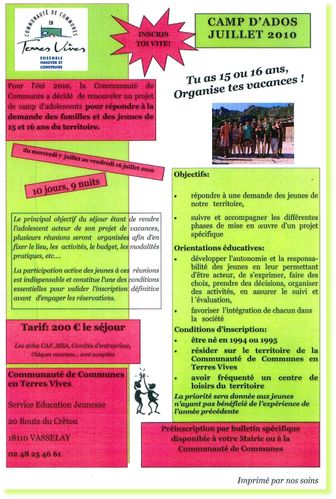 Affiche du camps Ado 2010