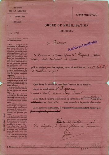 14-18 Ordre de Mobilisation individuel A.Ripart. 1908
