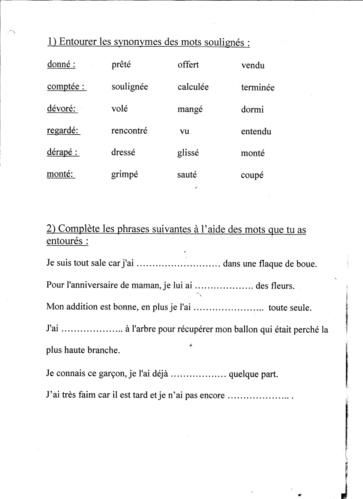 Evaluation Synonyme Et Contraire Ce2