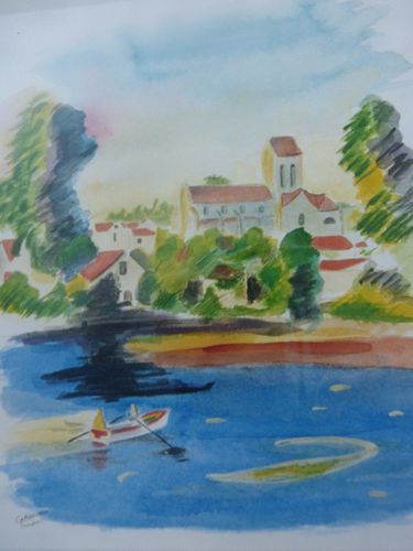 aquarelle village et son étang