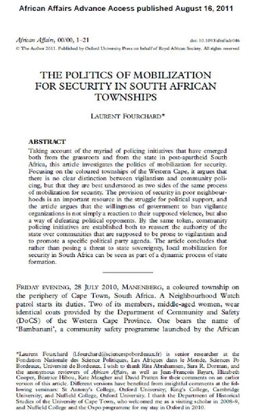 Politique sécurité Afrique Sud