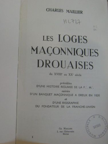 odyssee Livres anciens sur dreux. 1964 loges maconiques dr