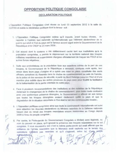 DECLARATION POLITIQUE DE L'OPPOSITION