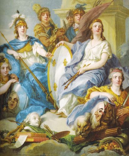 Portrait allégorique de Louis XV par Charles-Amédée Van Loo (1762) (Château de Versailles) Dans son tableau, Van Loo représente au centre, appuyée d’une main sur le bouclier blanc fleurdelisé, l’allégorie de la Magnanimité, entourée des allégories de la justice, de la valeur militaire, de l’intrépidité, de la vertu héroïque, de la vertu invincible représentée par Minerve et de la générosité sous les traits d’une jeune fille. Comme nous l’indique le peintre lui-même dans une description de son œuvre : « Ces vertus concourent à former la tête du Roy ». Le portrait de Louis XV est totalement invisible sans l’aide d’une lentille ; numérisation0006