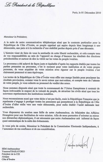 Lettre de Sarkozy à Bakayoko, président de la CEI, 1er décembre 2010 www.legrigriinternational.com