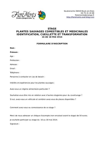 Fiche d'inscription Stage MAI 2014