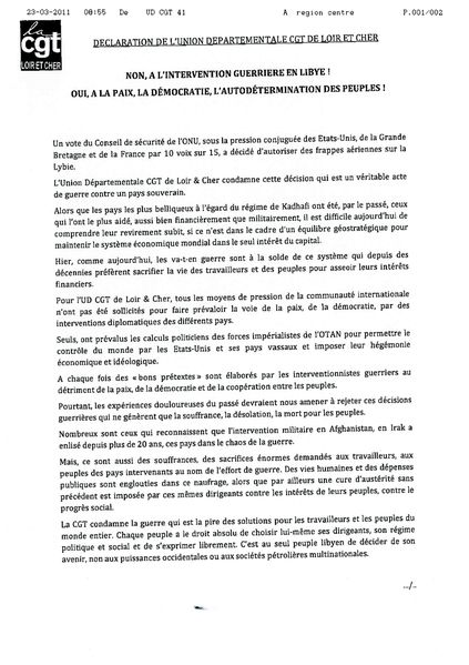 Déclaration de l'UD CGT 41 sur la LYBIE