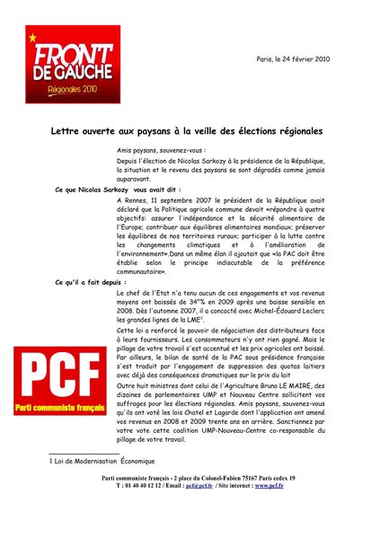 lettre ouverte aux paysans la veille des lections gionales