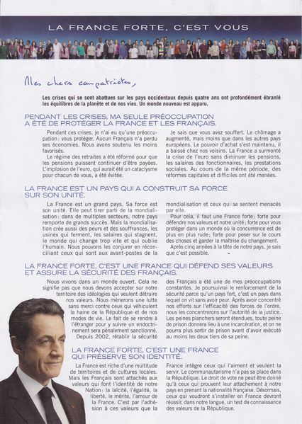 2012 Presidentielle Nicolas Sarkozy profession de foi 1
