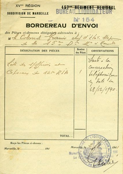 190 Bordereau état nominatif régiment