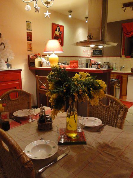 cuisine rouge et mimosa jaune