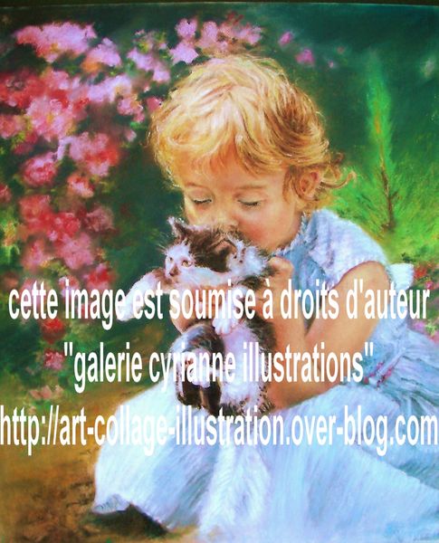 Illustration-pastel- fillette-chat-fleurs-roses-droits-aute