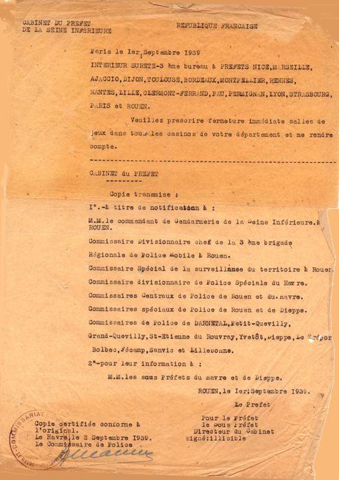 ordre de fermeture du casino 2 septembre 1939