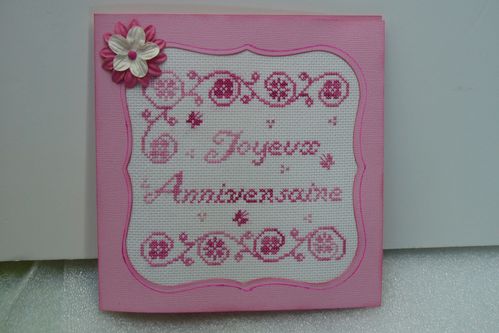 carte anniversaire brodée rose