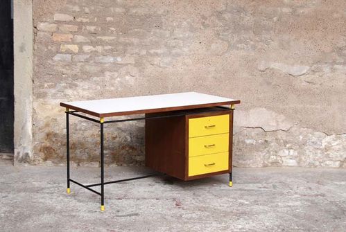 Bureau relooker jaune blanc 3 tiroirs noir bois vintage ret