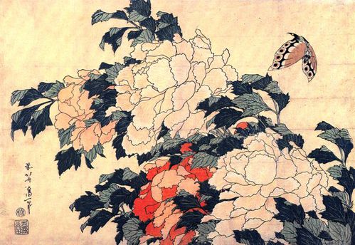 Hokusai pivoines et papillon
