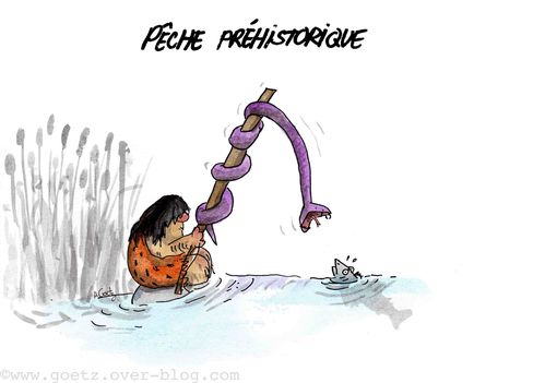 blog- pêche préhistorique, serpent pêcheur, dessin de Go