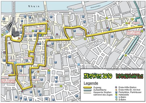 Le parcours du défilé (carte empruntée au site www.koeln.de) Plan défilé Rosenmontag