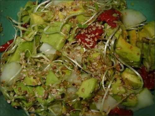 Avocat, concombres, tomates séchées, graines germées, sésame, vinaigrette. Avocat, concombres, tomates séchées, graines germées, sésame, vinaigrette.