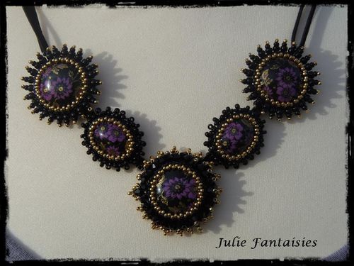 C 73 Collier tissé Cristal burst noir, mauve et or