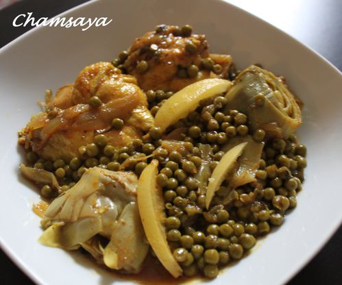 Tajine de poulet aux petits pois et coeurs d'artichauts