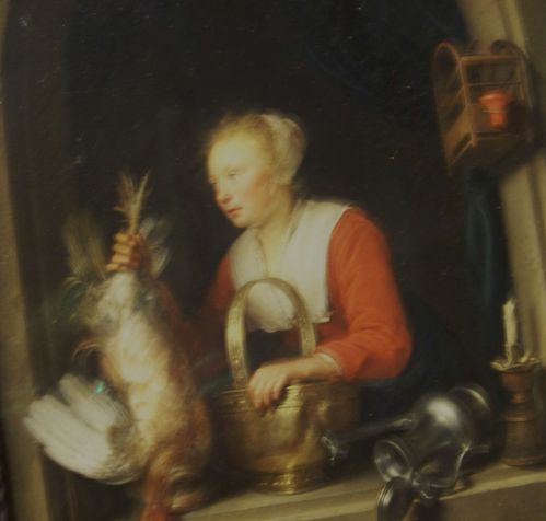 Gerard Dou femme accrochant un coq à sa fenêtre
