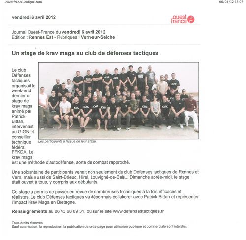 Article Ouest France - Stage- 01 avril 12