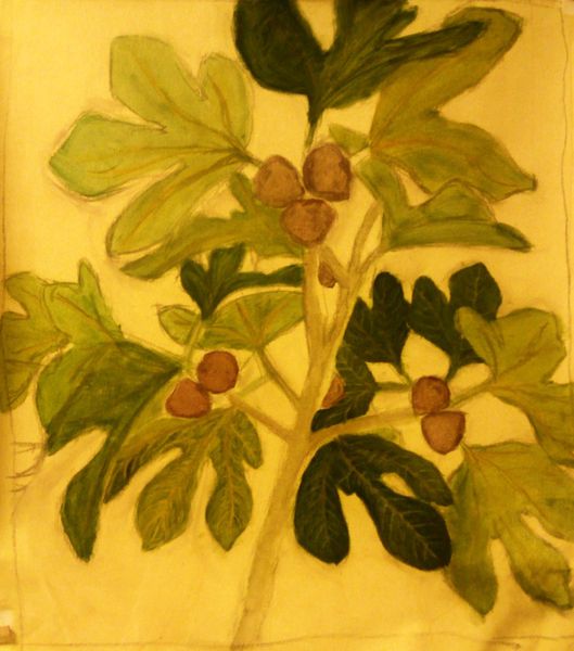 fig leaves second step oil painting . Fig tree in Paris. Rue du figuier, Le marais