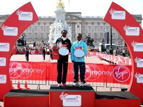 Virgin London Marathon 2013. Tsegaye Kebede and Priscah Jeptoo triumph in the London Marathon while Mo Farah runs just under half of the race watched by huge crowds