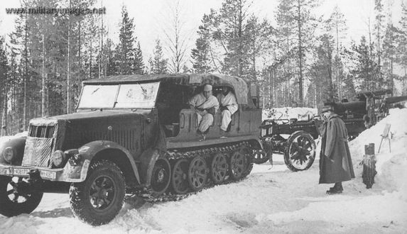 WWII - Sd Kfz 7 towing a 15cm sFH 18 howitzer in Lapland