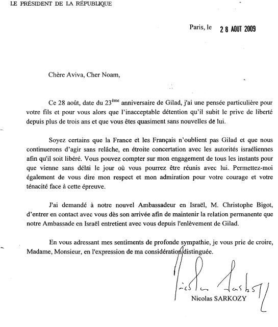 Scoop JSS: La lettre de Nicolas Sarkozy à la famille de Gilad Shalit pour son anniversaire