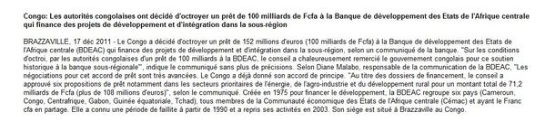 CONGO Prêt à la BDEAC 152 millions euros 17 dec 2011