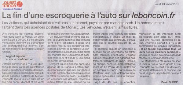 escroquerie - 0F 24 fév 2011