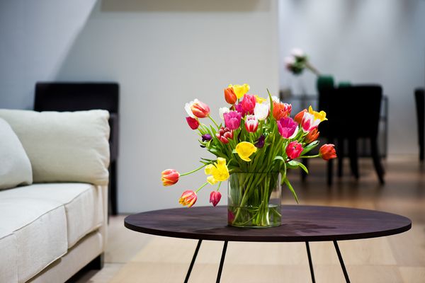 Ambiance déco salon avec bouquet de tulipes