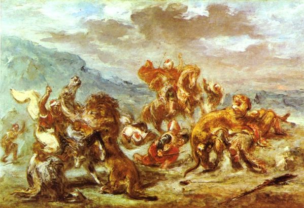 Delacroix maroc aquarelle chasse au lion
