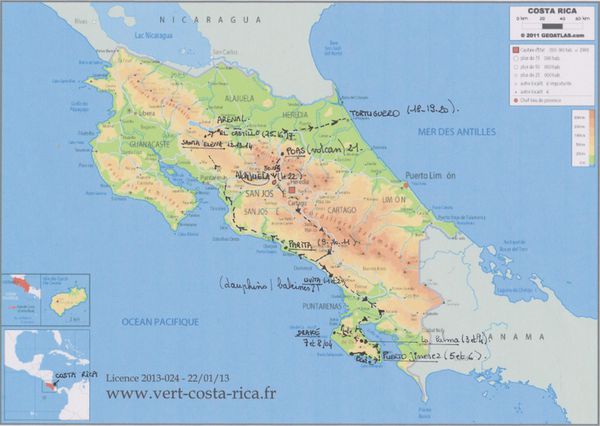 trajet sur carte costa rica
