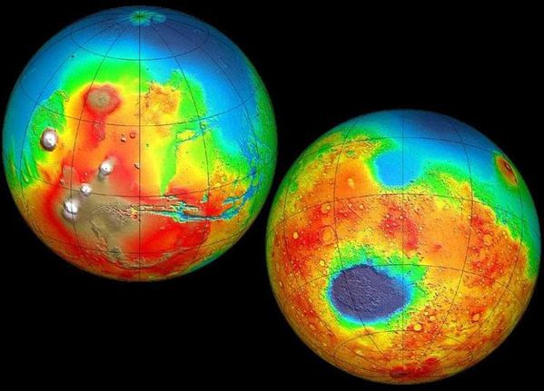 molaglobes - topographie divergente - Nasa MOLA science tea